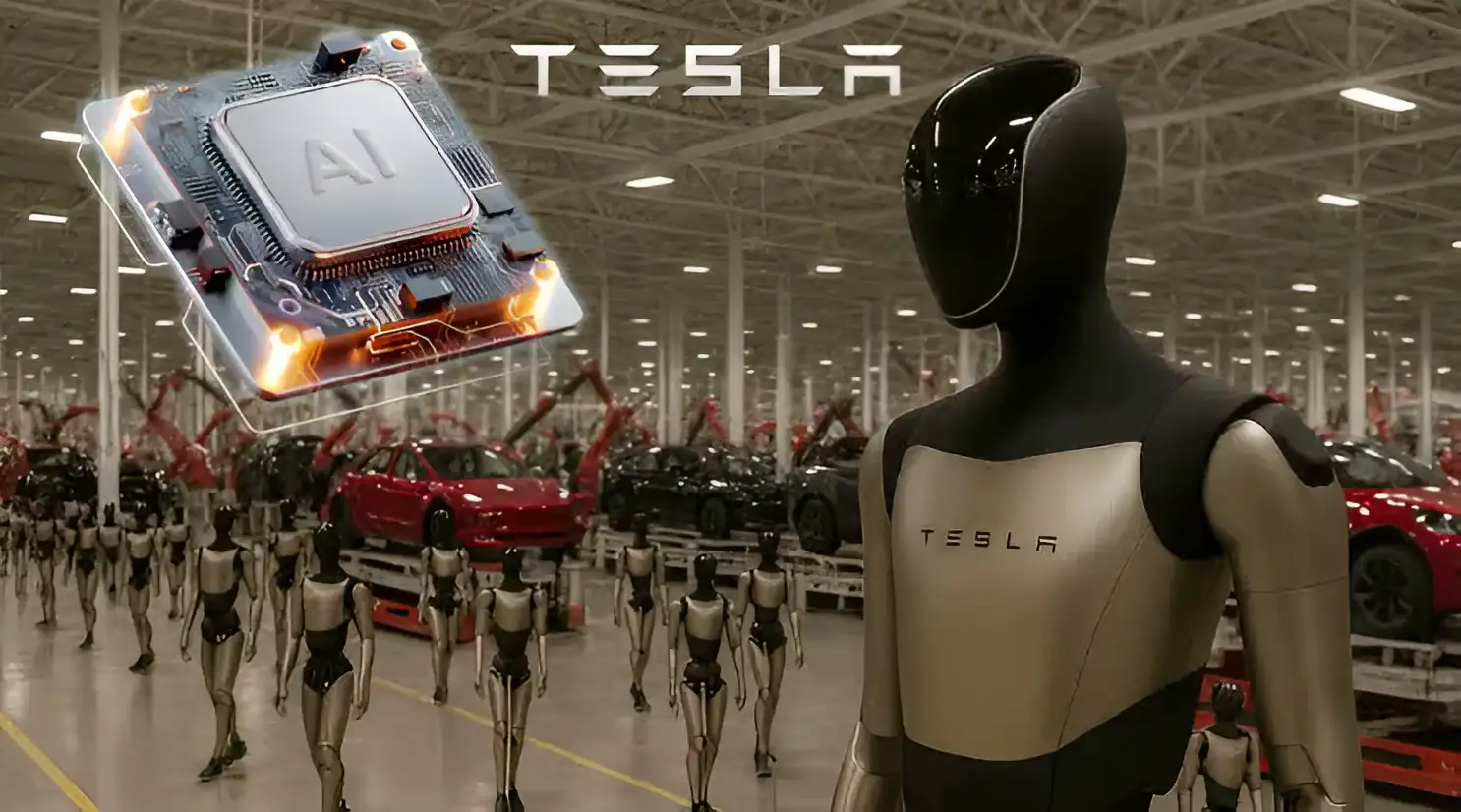 Robot Tesla Optimus và chip AI trong nhà máy