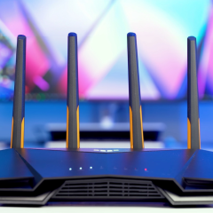 Router ASUS TUF Gaming đặt trên bàn trước TV
