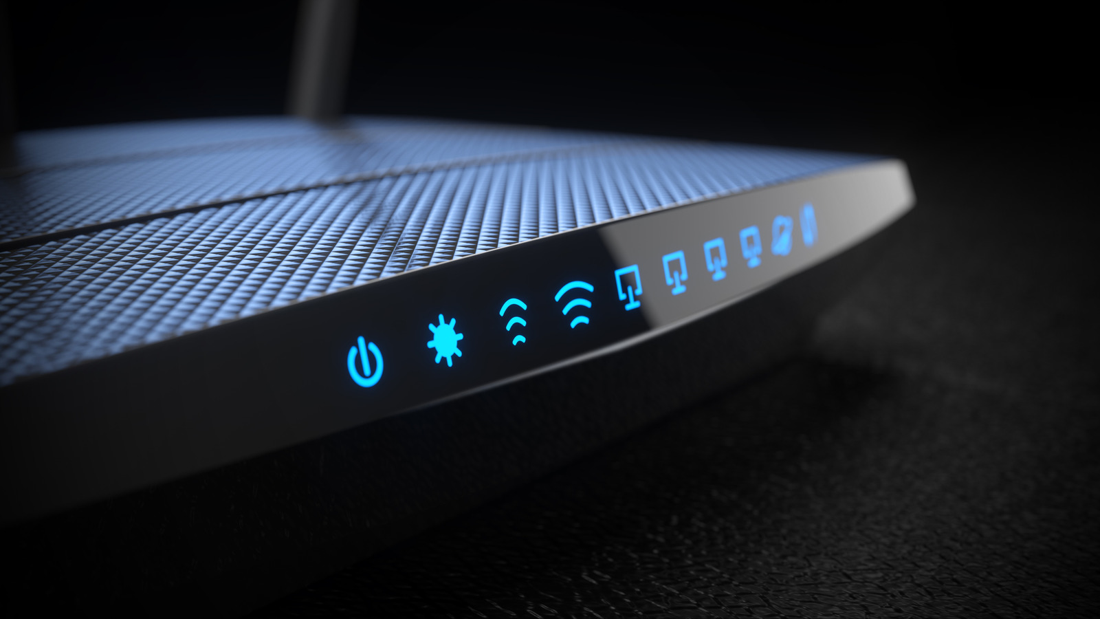 Router Wi-Fi phát sáng các đèn trạng thái trong phòng tối