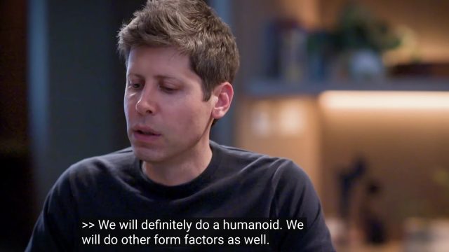Sam Altman ngồi trả lời phỏng vấn, phụ đề hiện câu “We will definitely do a humanoid”