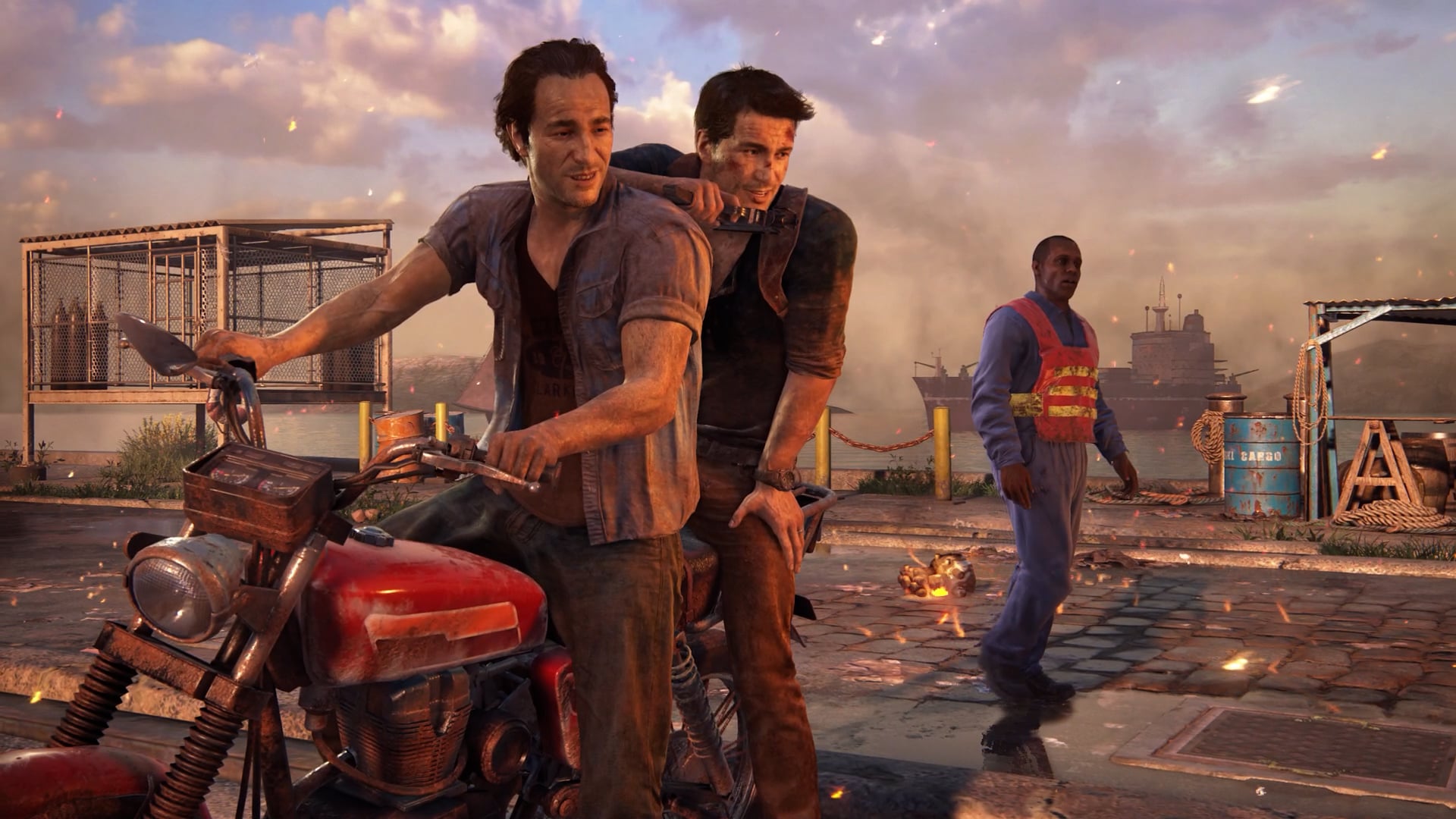 Sam Drake cầm lái xe máy chở Nathan Drake tẩu thoát trong làn đạn