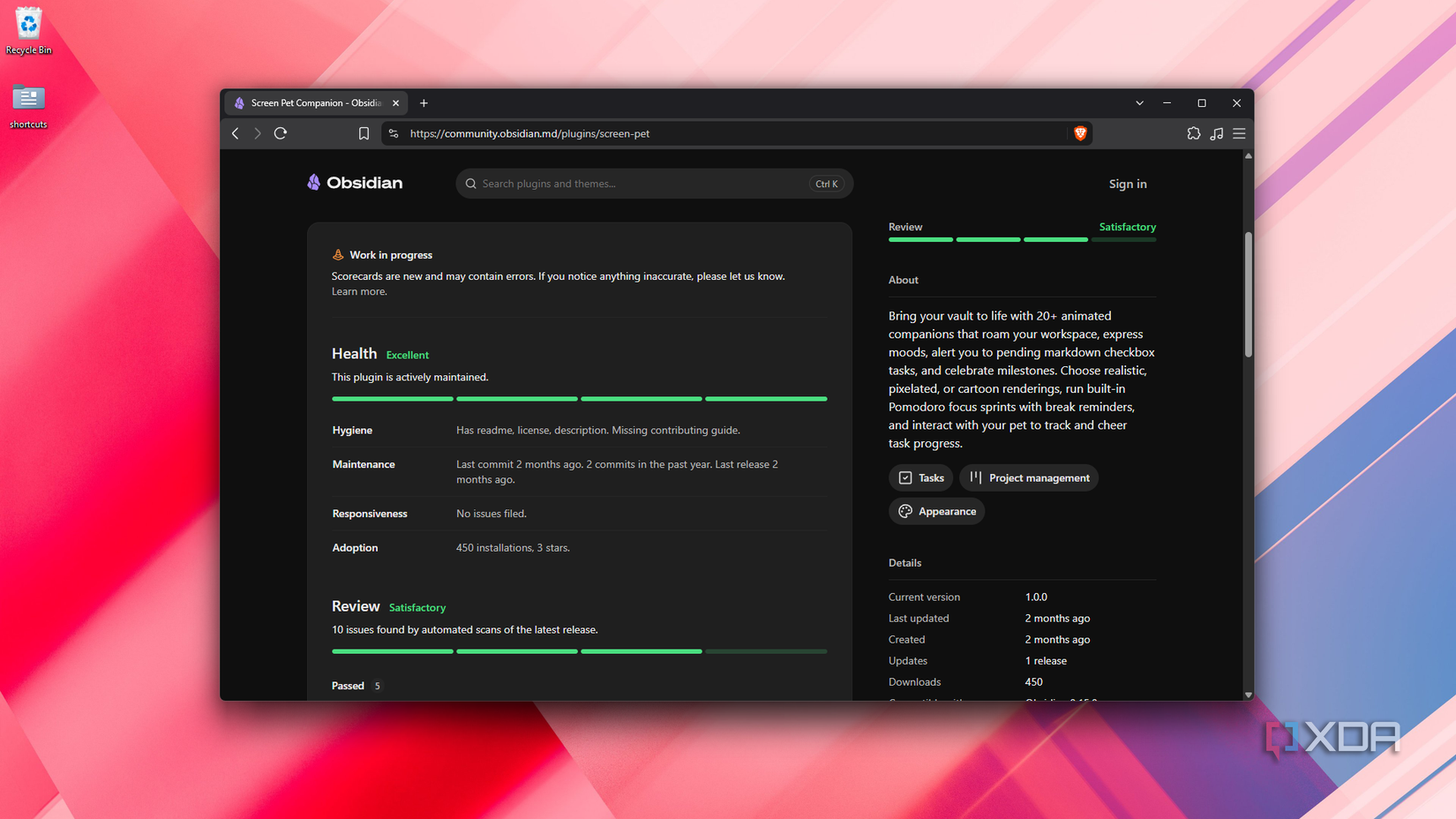 Scorecard plugin Screen Pet Companion trên Obsidian Community