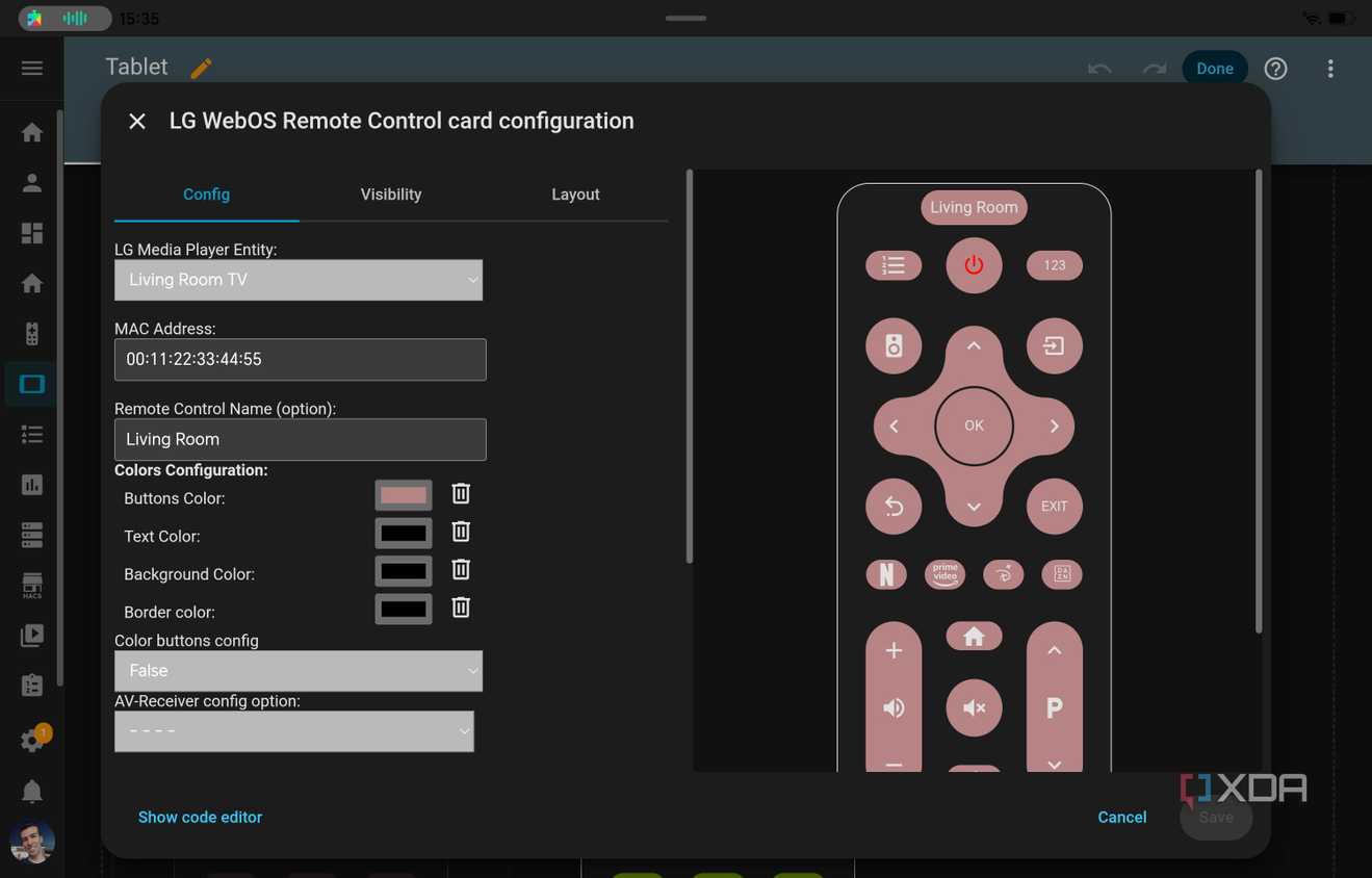 Screenshot of Home Assistant using the editing interface for an LG TV remote integration