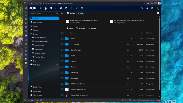 Screenshot of Nextcloud showing files stored on the server
