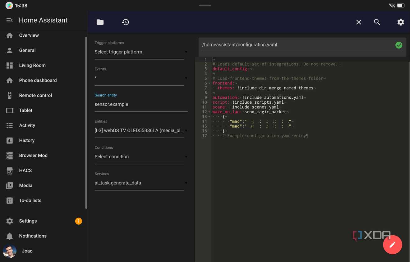 Screenshot of the file editor in Home Assistant showing that Wake-on-LAN is enabled for two devices