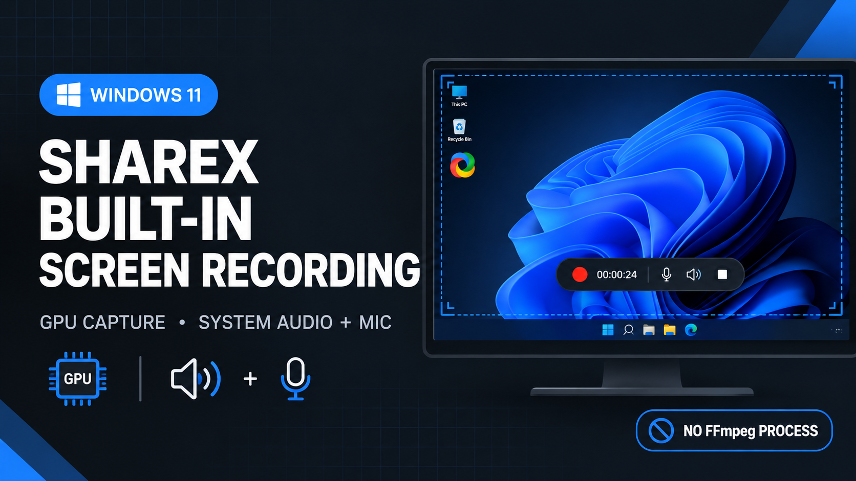 ShareX ghi màn hình Windows 11 với thanh điều khiển quay.