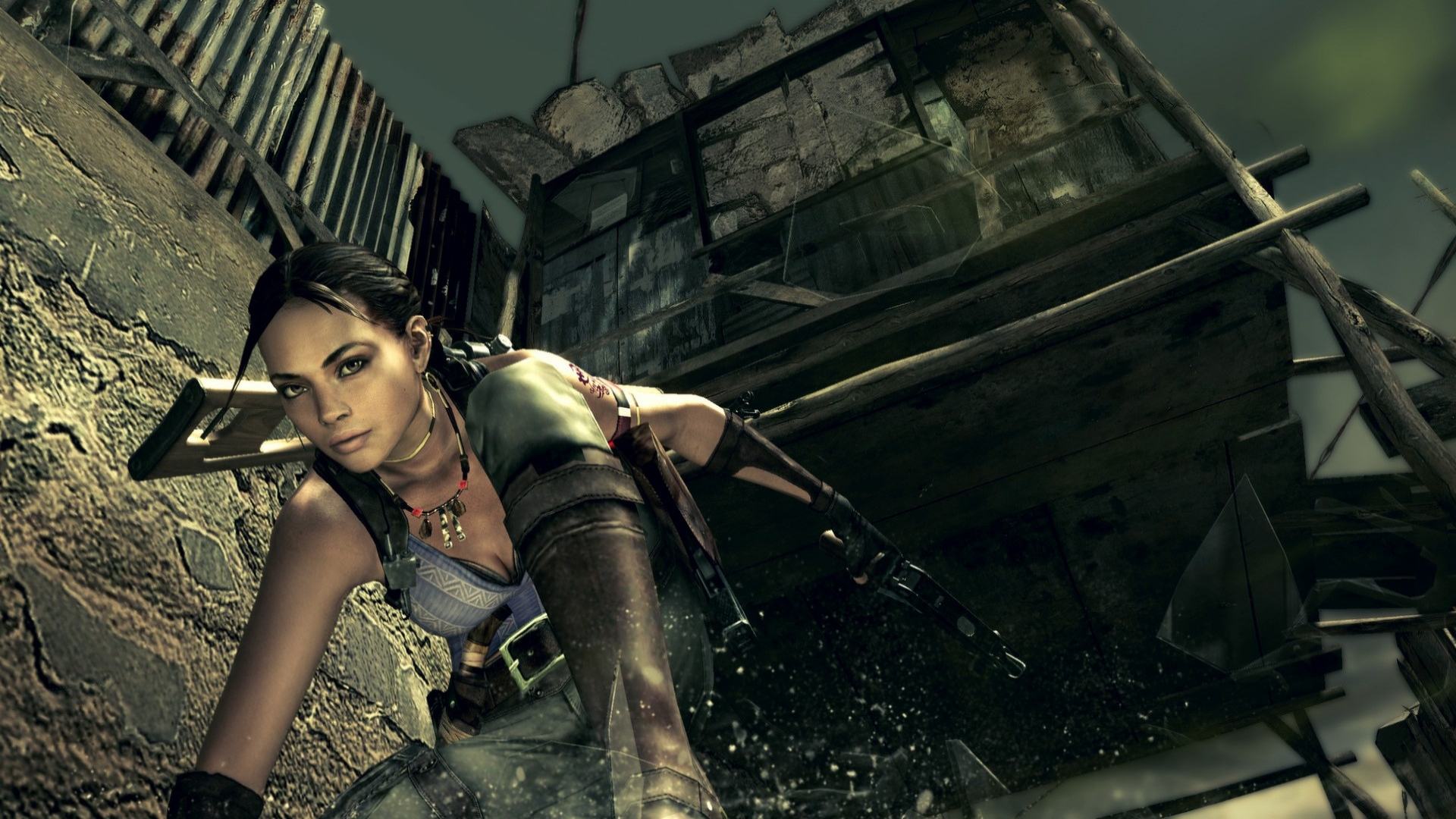 Sheva crouches among debris in Resident Evil 5.