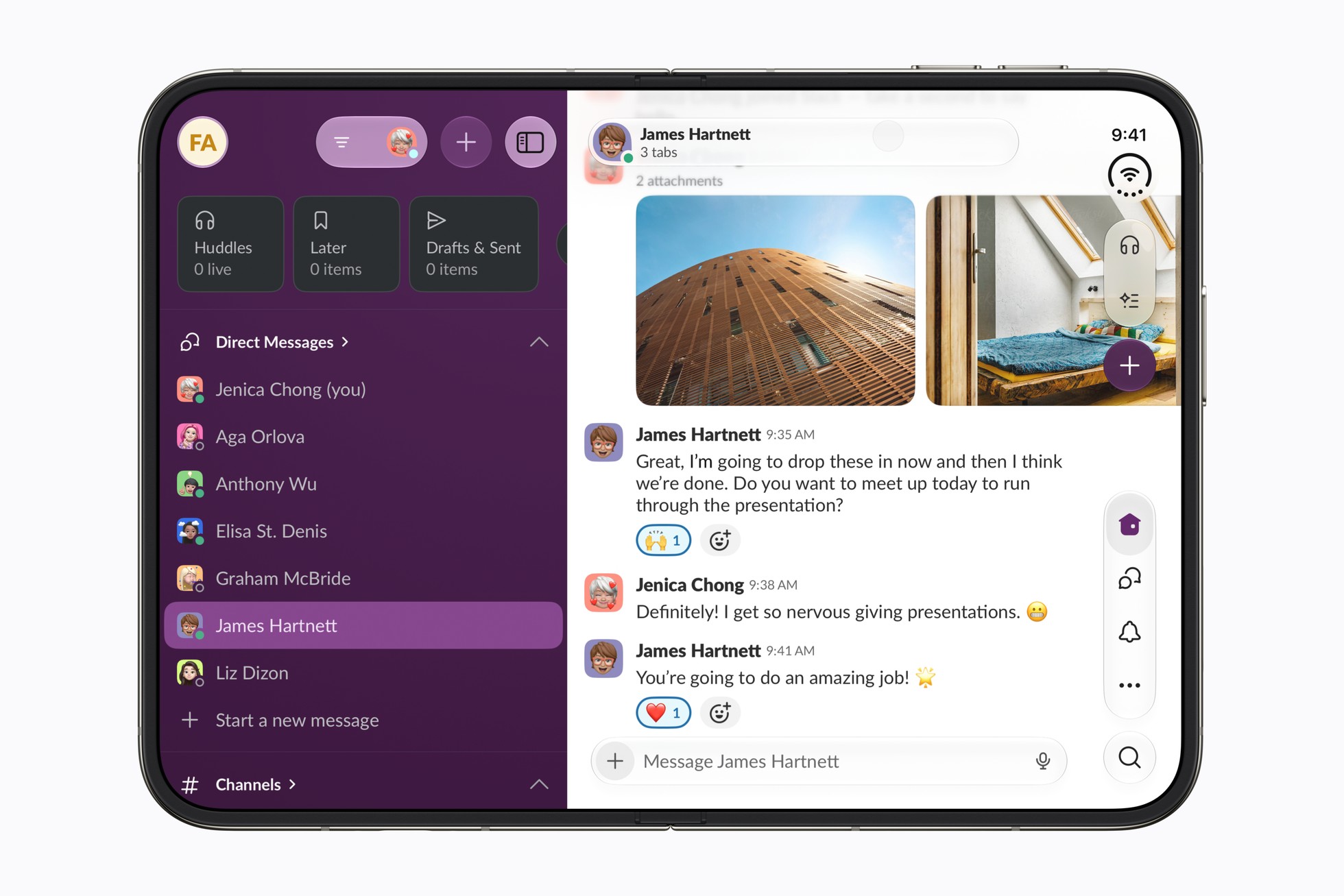 Slack hiển thị danh sách và cuộc trò chuyện trên iPhone Duo
