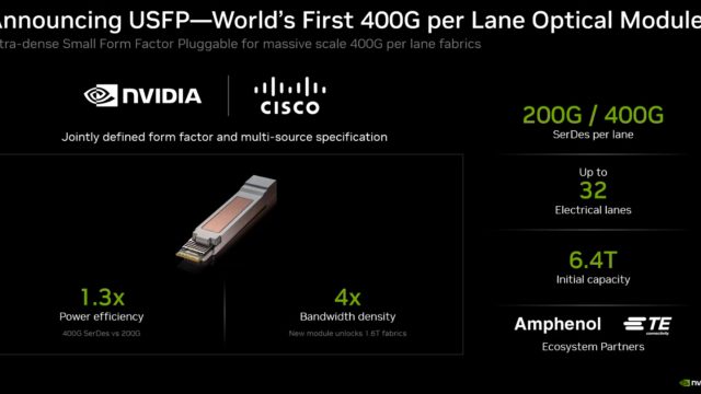 Slide giới thiệu chuẩn mô-đun quang USFP của NVIDIA và Cisco với thông số 400G mỗi làn và năng lực 6,4 Tb/s.