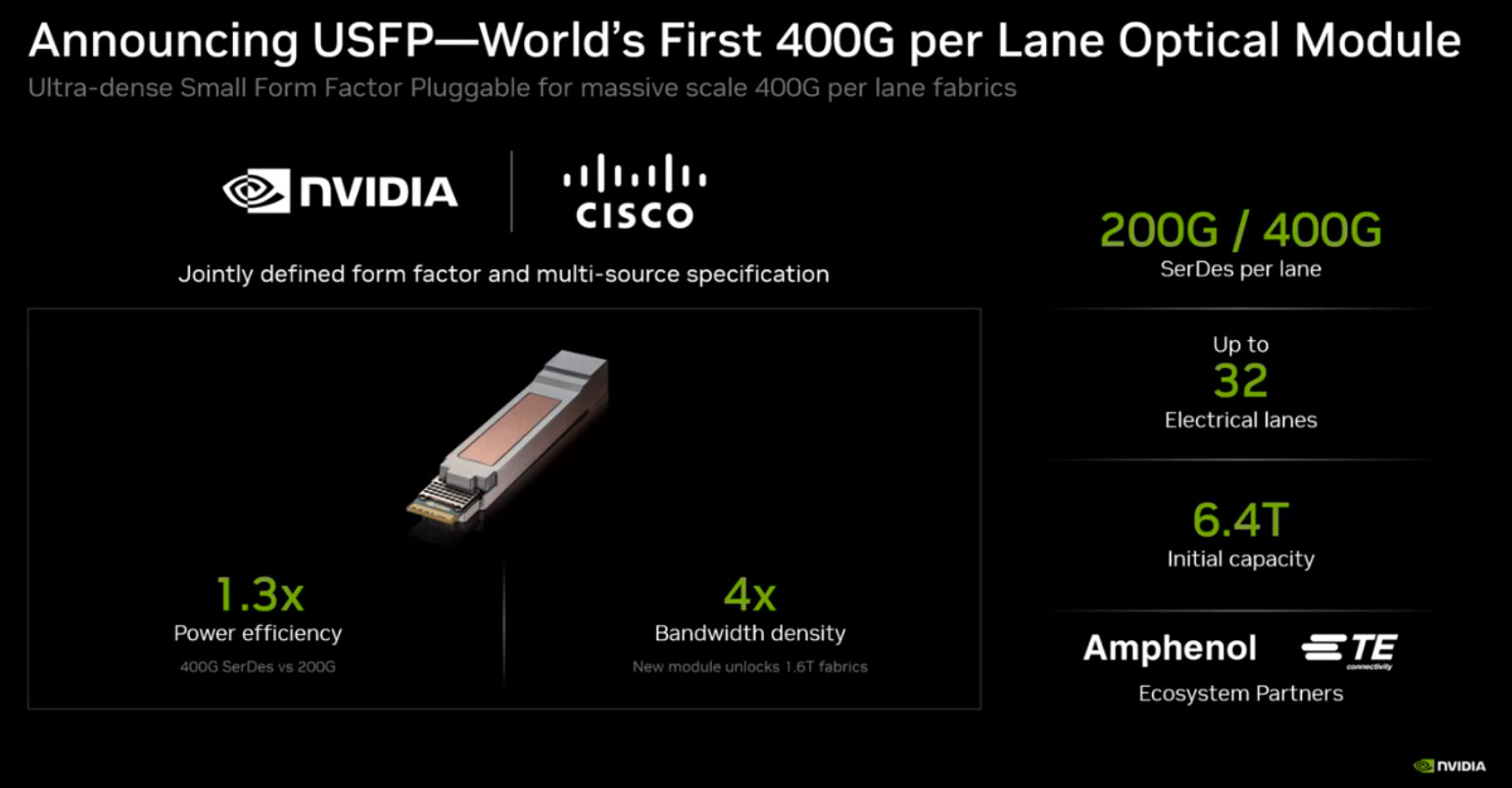 Slide giới thiệu chuẩn mô-đun quang USFP của NVIDIA và Cisco với thông số 400G mỗi làn và năng lực 6,4 Tb/s.