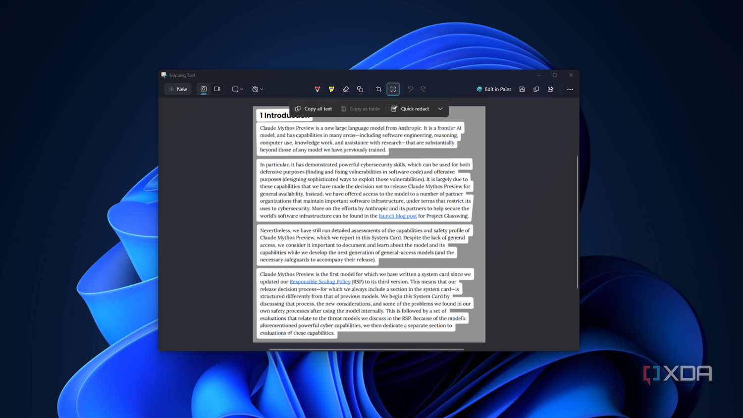 Snipping Tool nhận diện chữ và hiện nút Copy all text