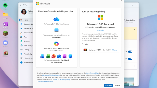Cửa sổ bật thanh toán định kỳ Microsoft 365 trong Windows Settings