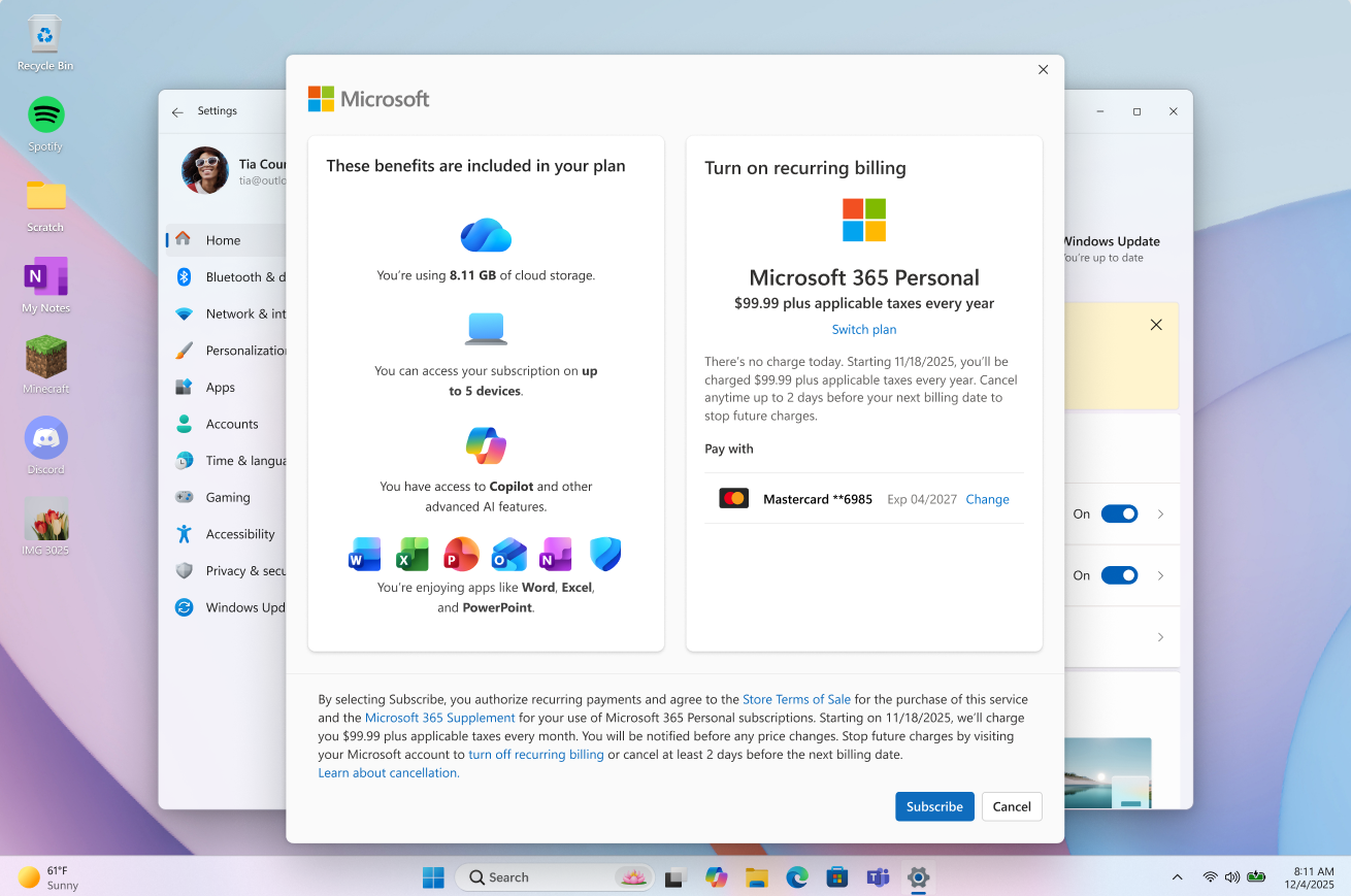 Cửa sổ bật thanh toán định kỳ Microsoft 365 trong Windows Settings