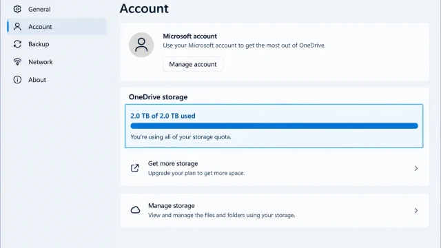Cửa sổ cài đặt OneDrive hiển thị mức sử dụng dung lượng trong mục Account