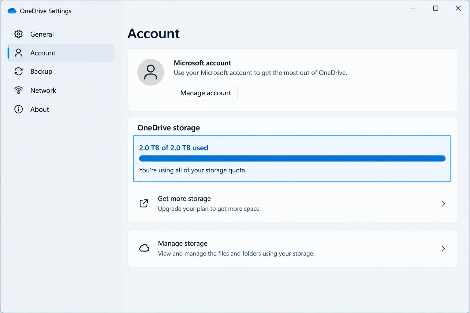 Cửa sổ cài đặt OneDrive hiển thị mức sử dụng dung lượng trong mục Account