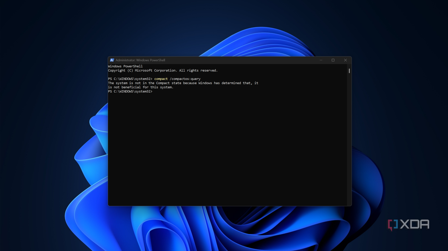 Cửa sổ PowerShell nâng quyền báo trạng thái máy chưa kích hoạt Compact OS sau khi chạy lệnh kiểm tra.