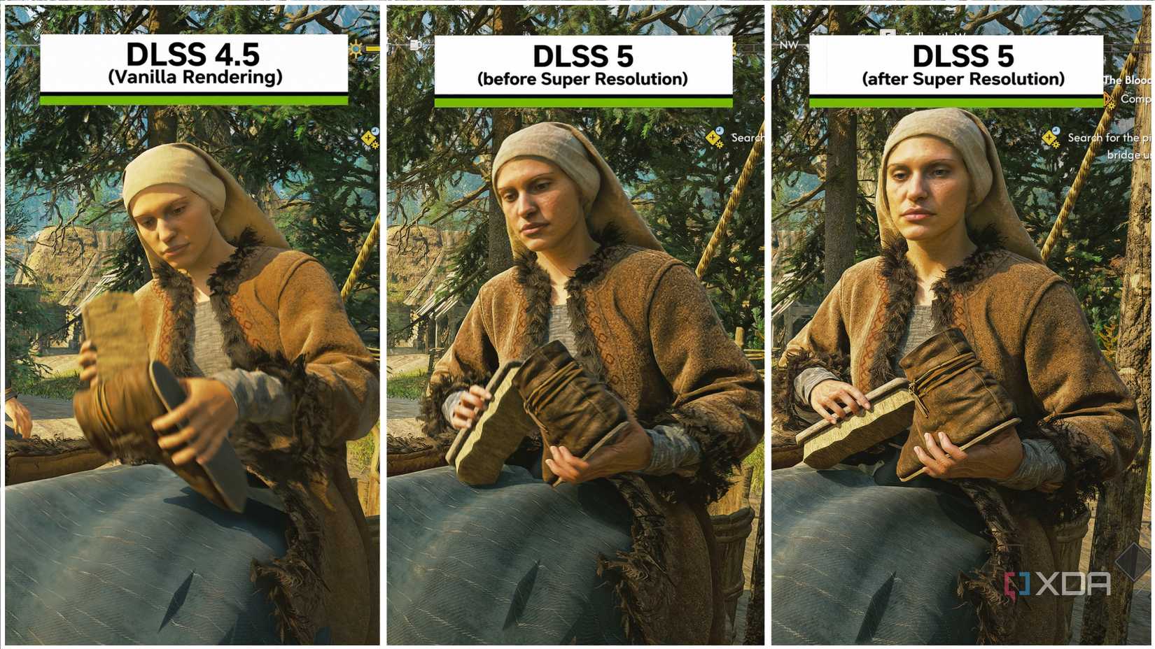 So sánh DLSS 4.5, DLSS 5 trước Super Resolution và DLSS 5 sau Super Resolution trong Blood of Dawnwalker.