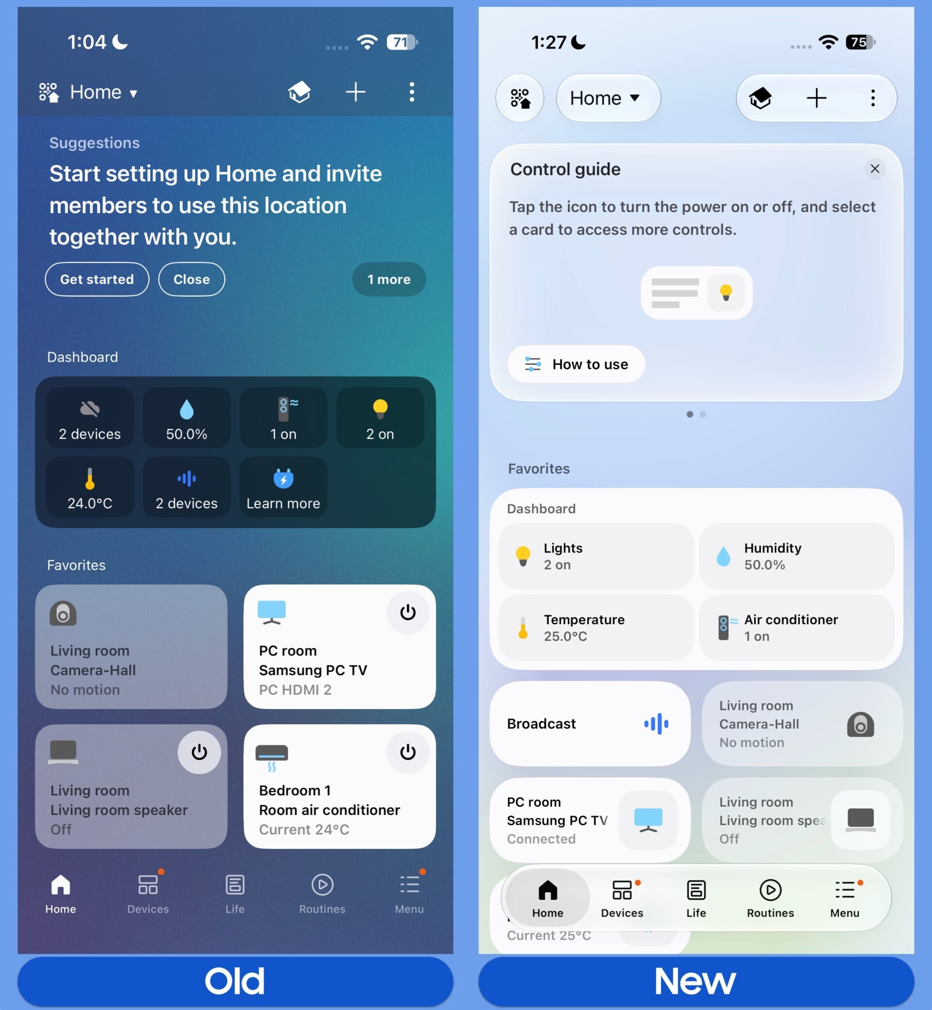 So sánh màn hình Home SmartThings cũ và mới