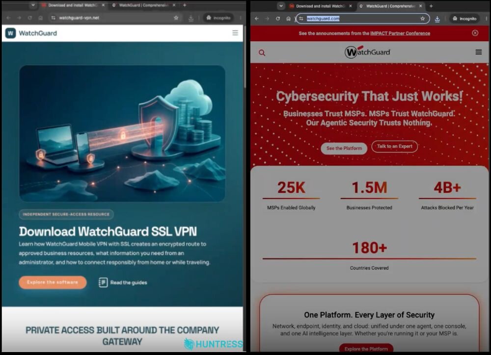 So sánh trang giả watchguard-vpn.net và trang chính thức watchguard.com