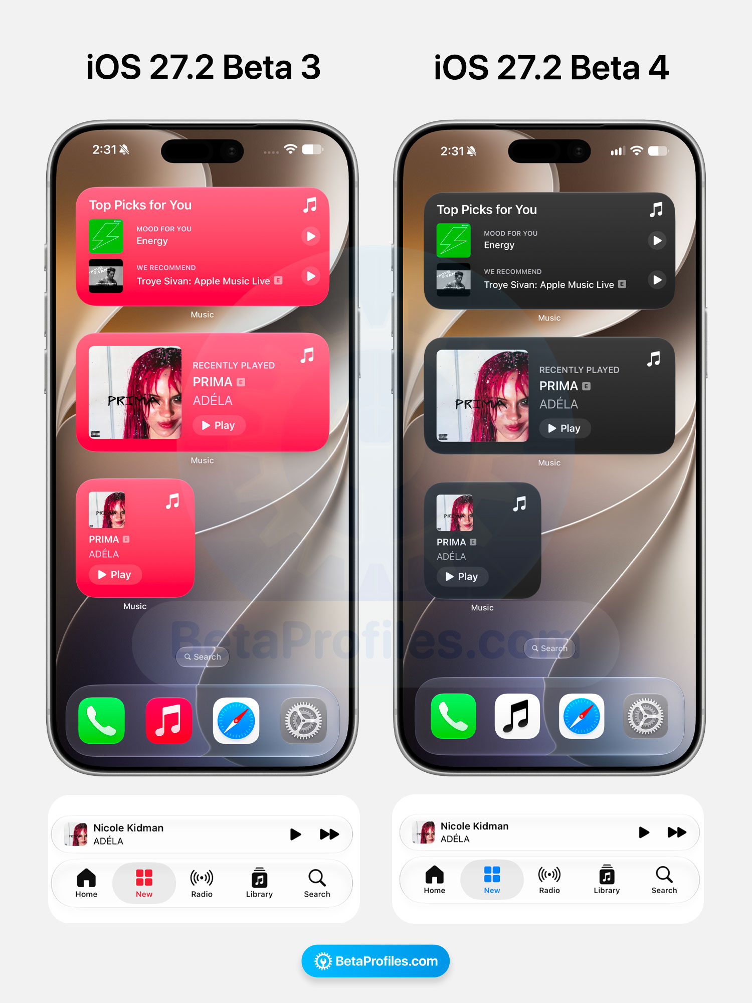 So sánh widget Apple Music trên iOS 27.2 beta 3 và beta 4, beta 4 chuyển sang nền tối