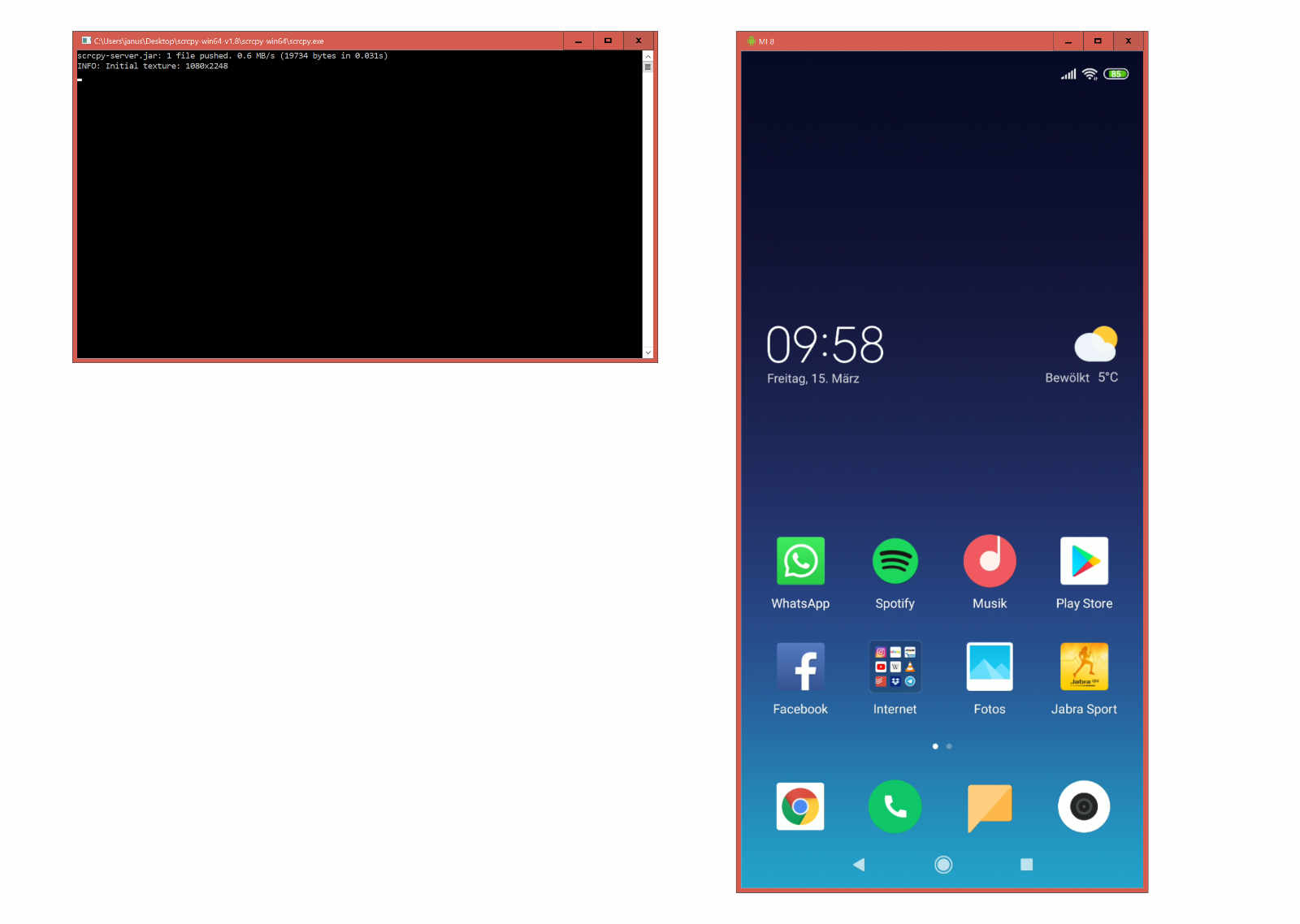 Cửa sổ scrcpy phản chiếu màn hình Android trên máy tính