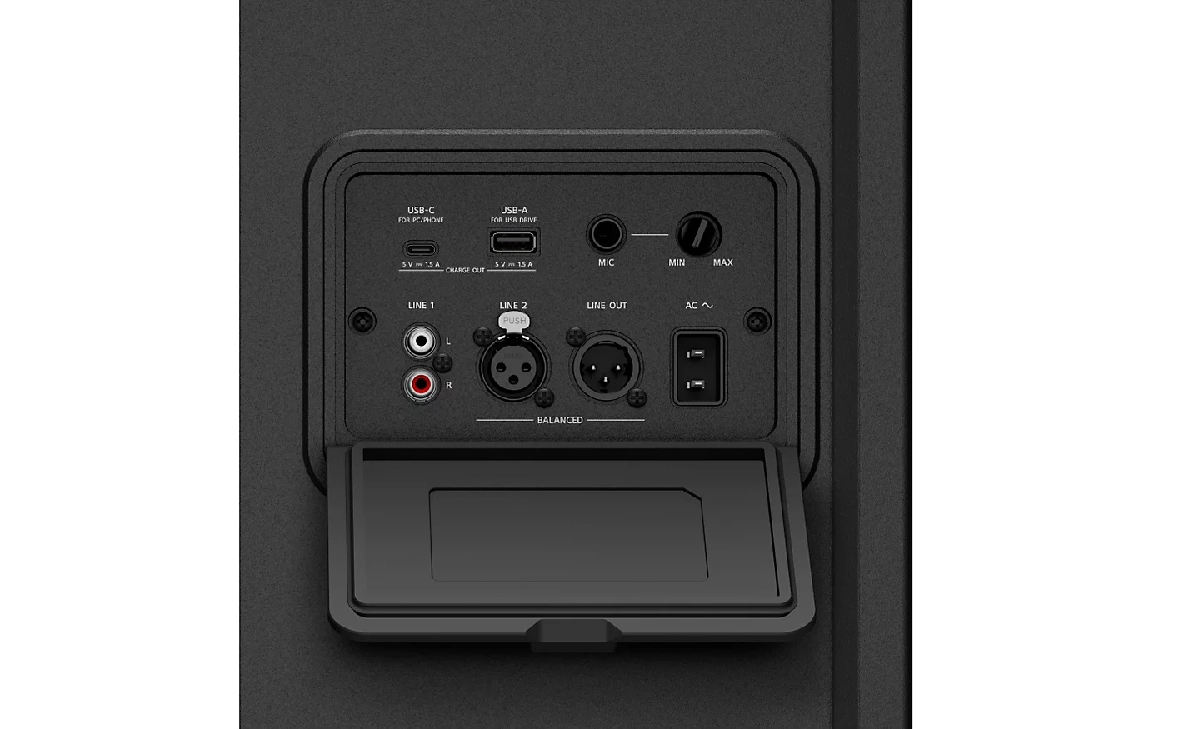 Các cổng kết nối, phím bấm chức năng trên Sony ULT TOWER MAX. Nguồn: Sony.