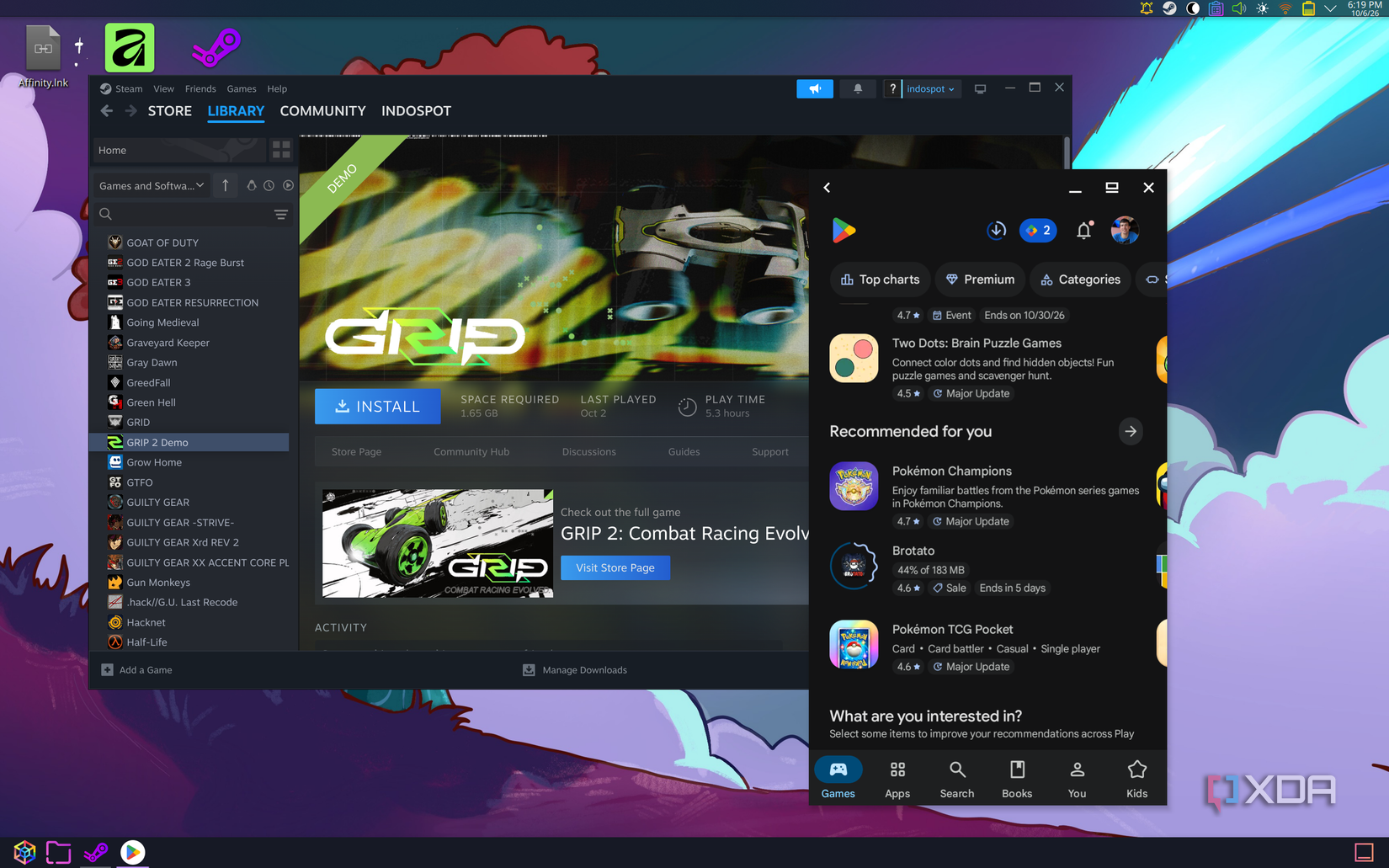 Steam trên Linux cạnh Google Play Store với danh sách game Android