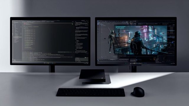 Surface RTX Spark Dev Box đặt giữa hai màn hình và bộ gõ