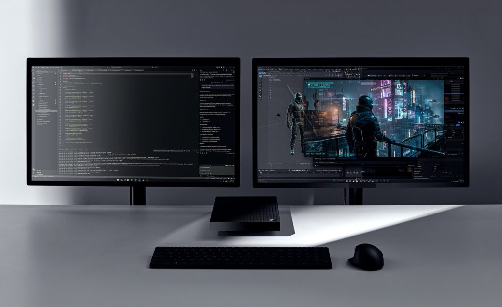 Surface RTX Spark Dev Box đặt giữa hai màn hình và bộ gõ