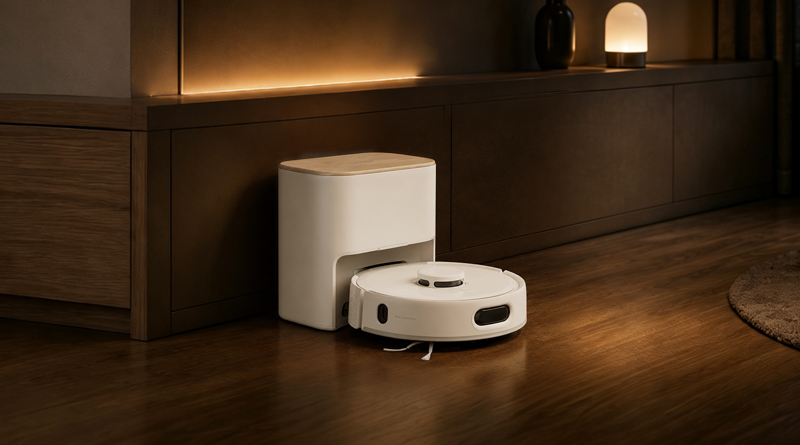 SwitchBot K11+ Pro và dock đặt sát chân tủ gỗ.