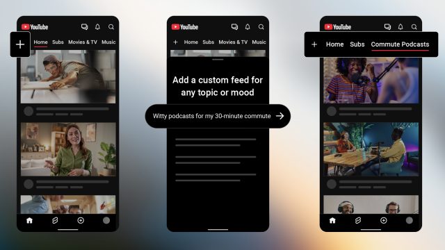 Các tab Home, Subs và Custom Feed trong ứng dụng YouTube