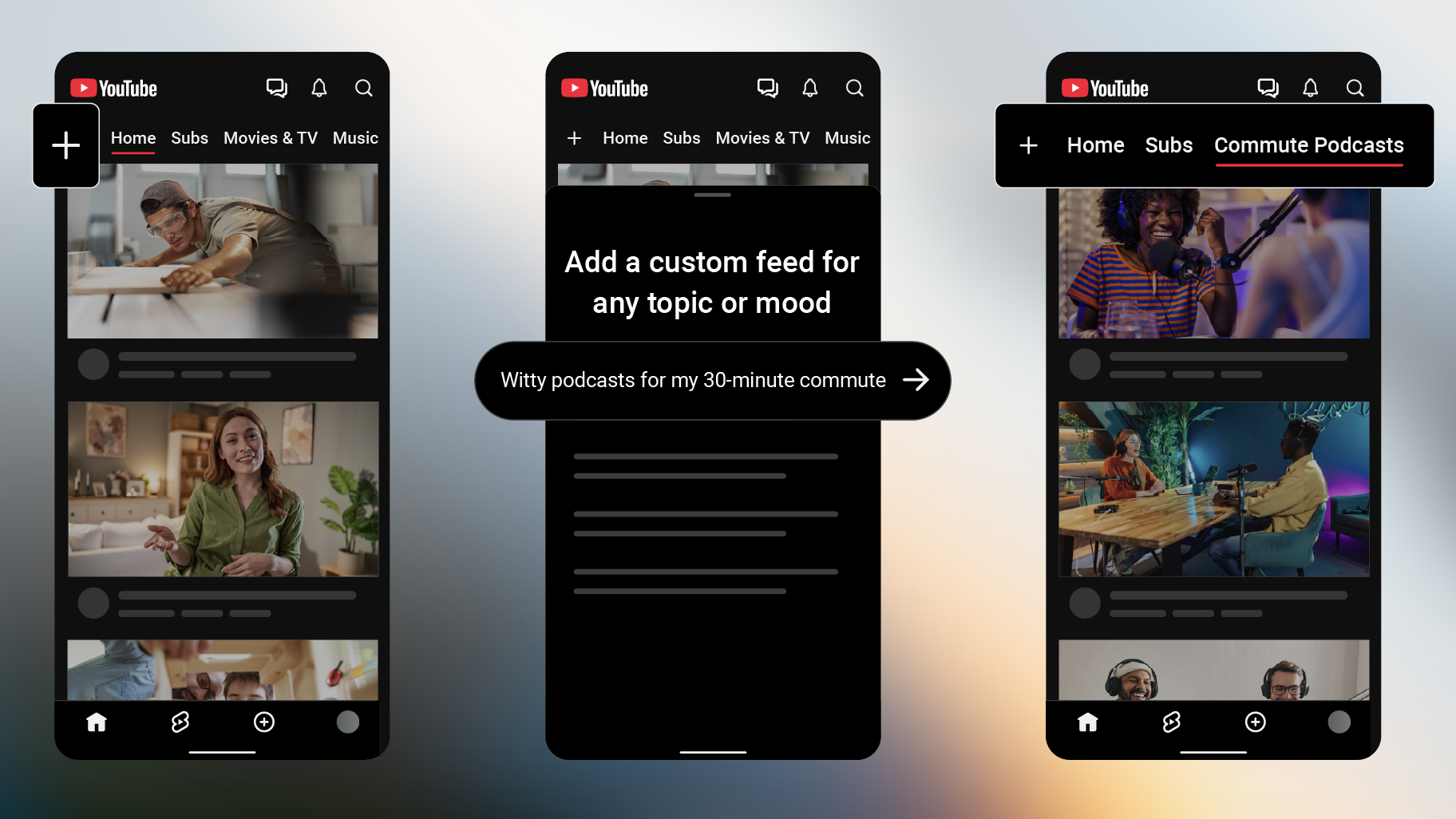 Các tab Home, Subs và Custom Feed trong ứng dụng YouTube