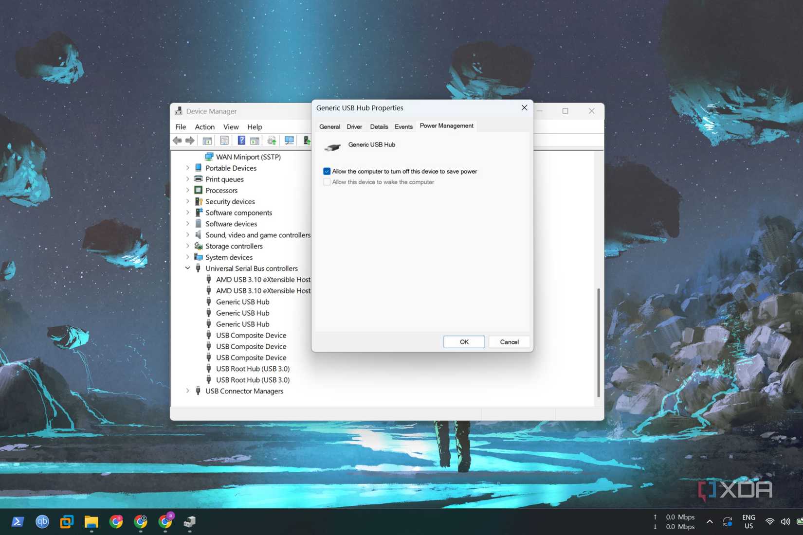 Tab quản lý nguồn của Generic USB Hub trong Device Manager với tùy chọn tiết kiệm điện