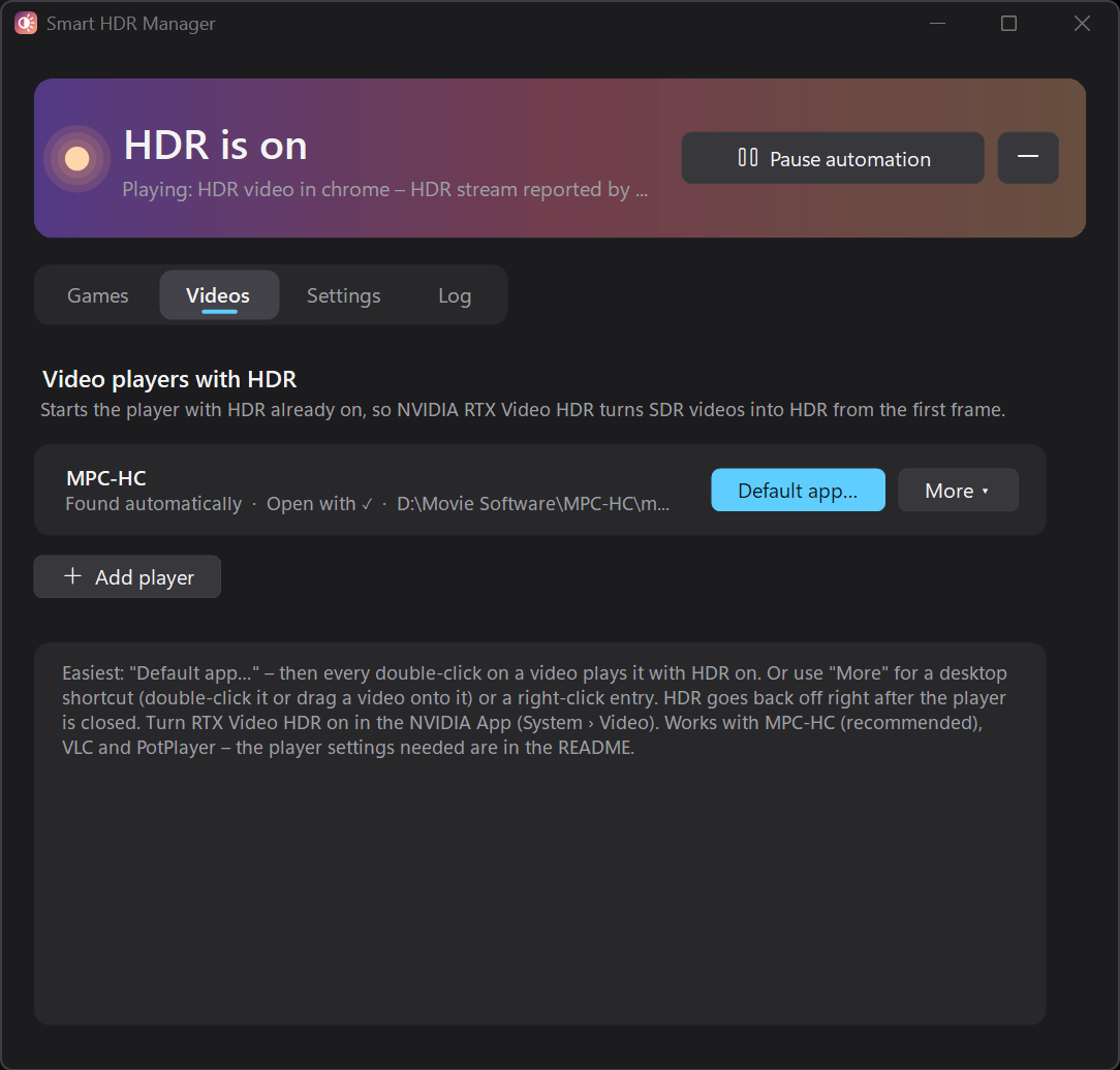 Tab Videos của Smart HDR Manager