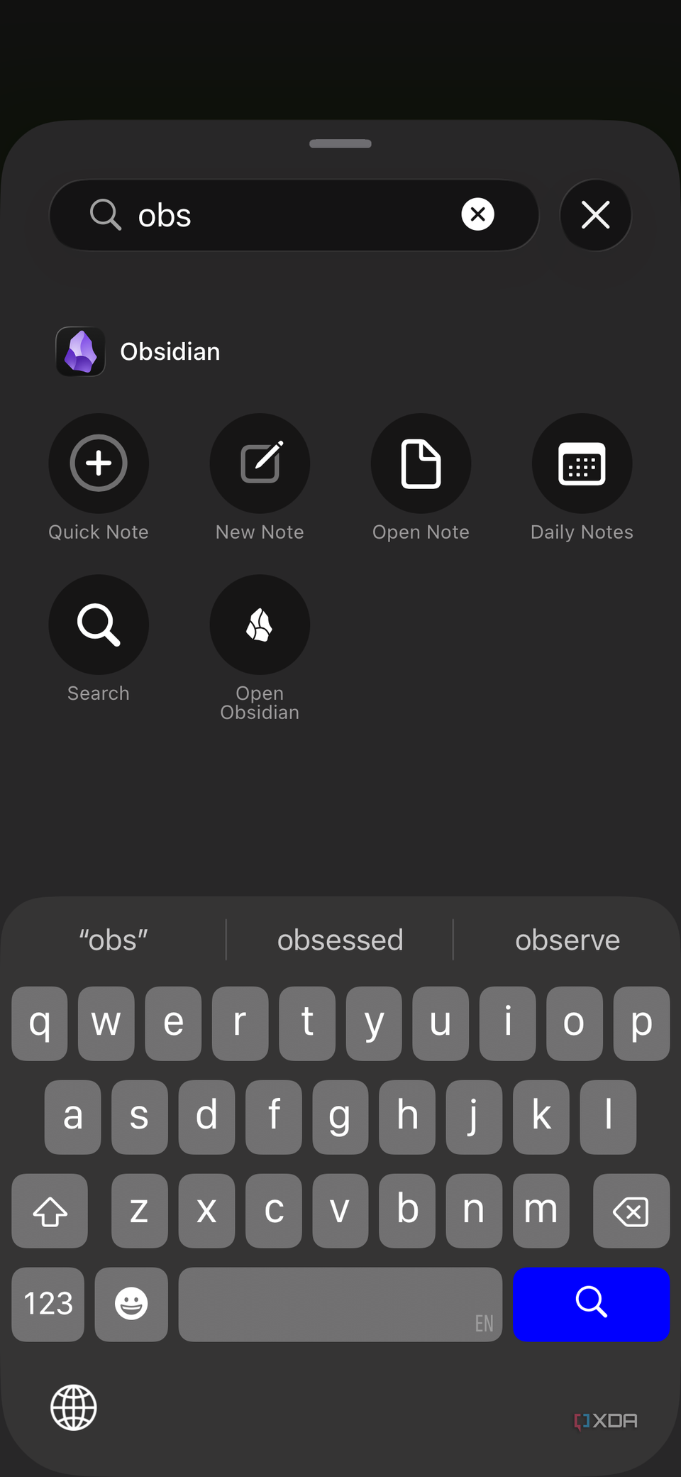 Các tác vụ Obsidian trong giao diện tìm kiếm iOS