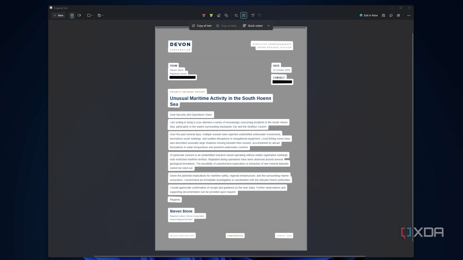 Ảnh tài liệu trong Snipping Tool có các dải đen che thông tin liên hệ