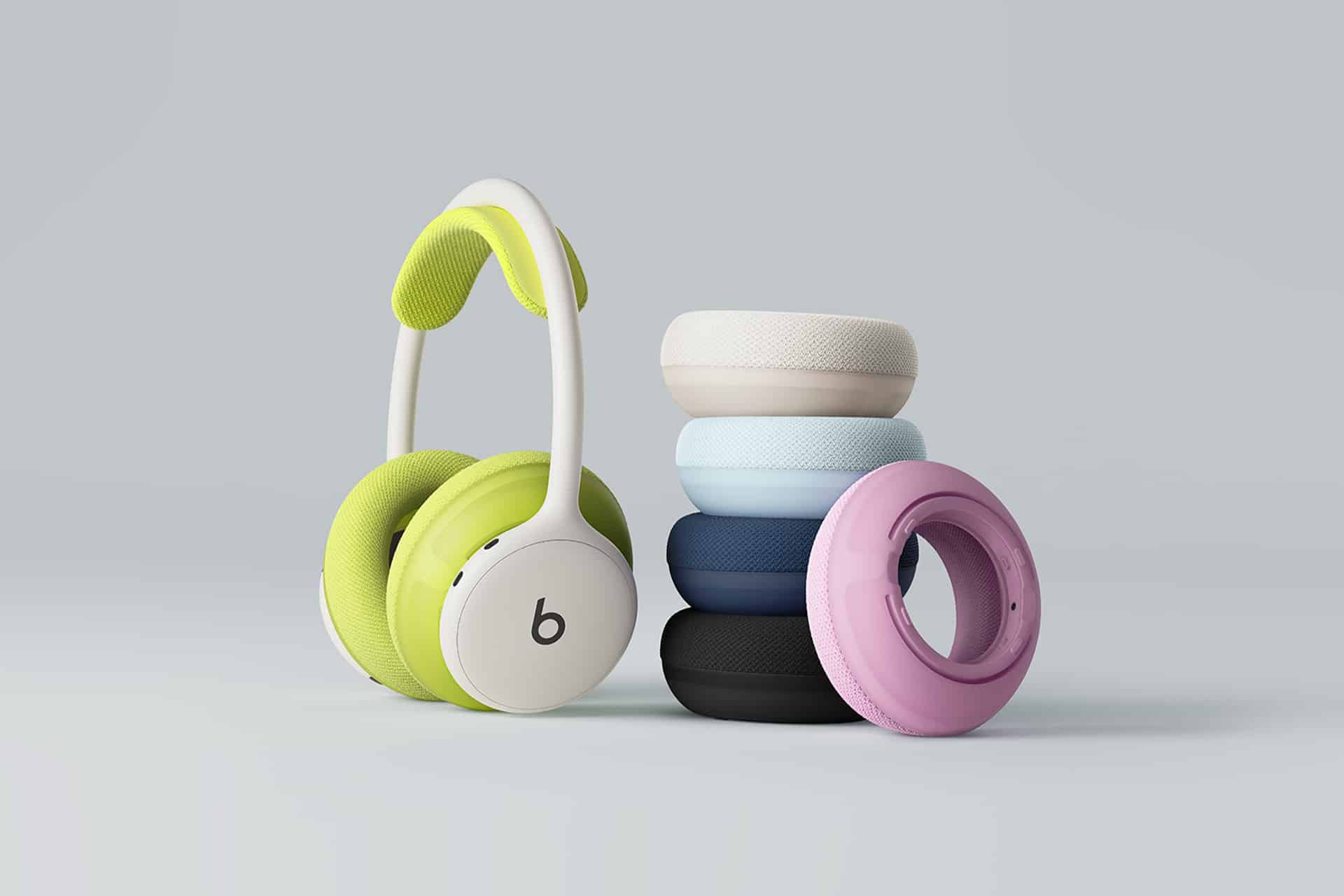 Tai nghe Beats 360 đặt cạnh chồng đệm tai nhiều màu sắc có thể tháo rời