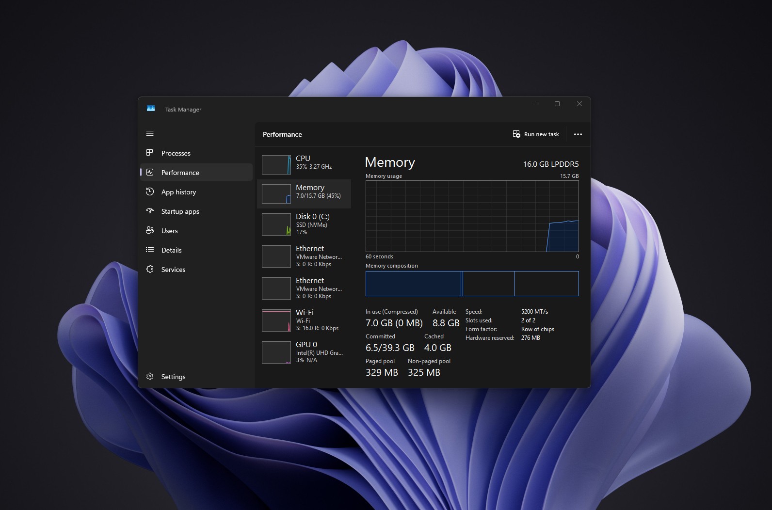 Task Manager hiển thị 7GB RAM đang dùng sau khi khởi động laptop Windows 11 26H2