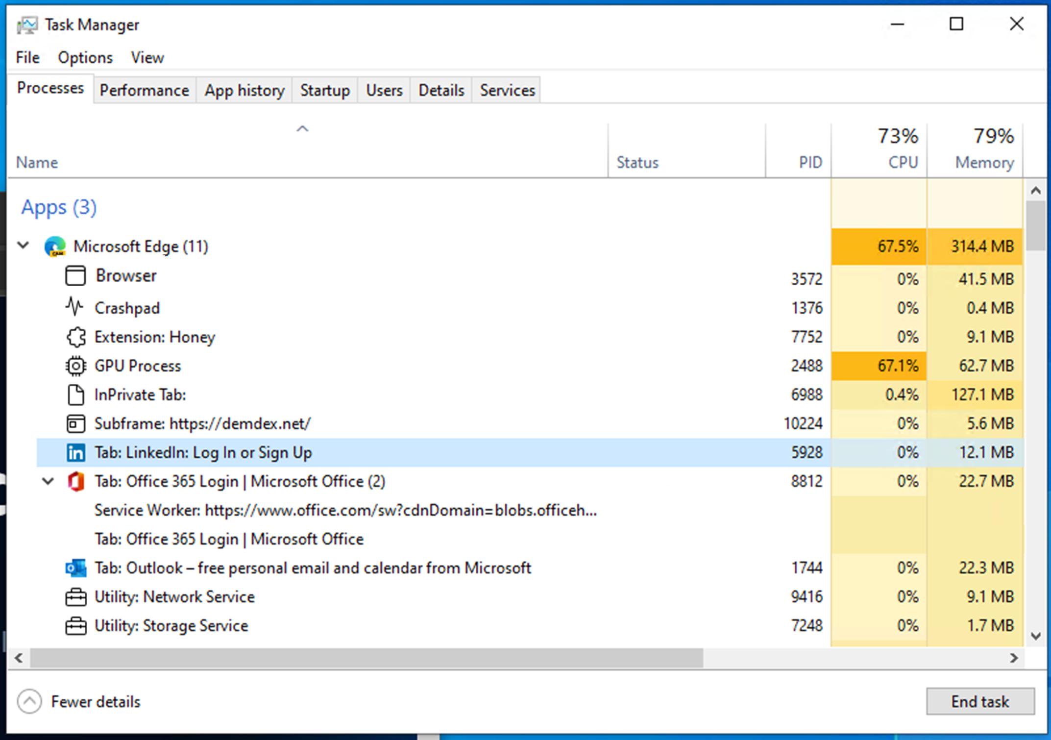 Windows Task Manager hiển thị tab và các tiến trình Edge