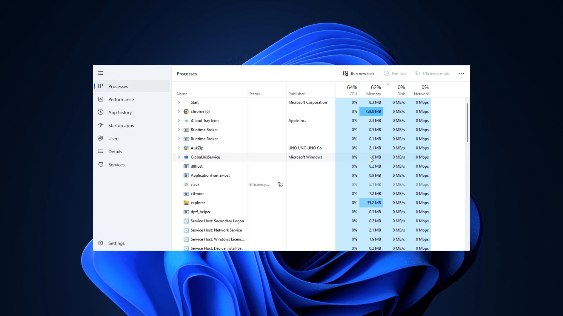 Task Manager trên Windows 11 hiển thị danh sách tiến trình