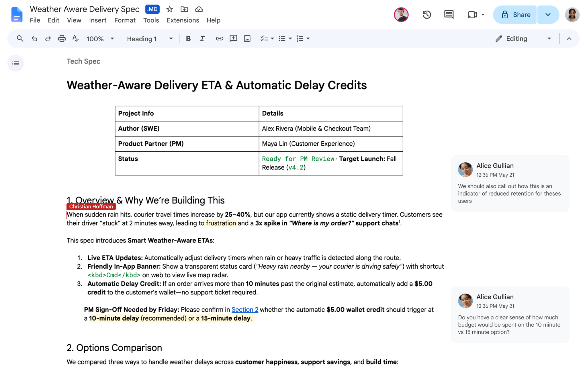 Tệp Markdown trong Google Docs có nhãn .MD, bảng nội dung và bình luận bên phải