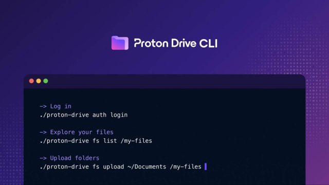 Terminal hiển thị lệnh sử dụng Proton Drive CLI.