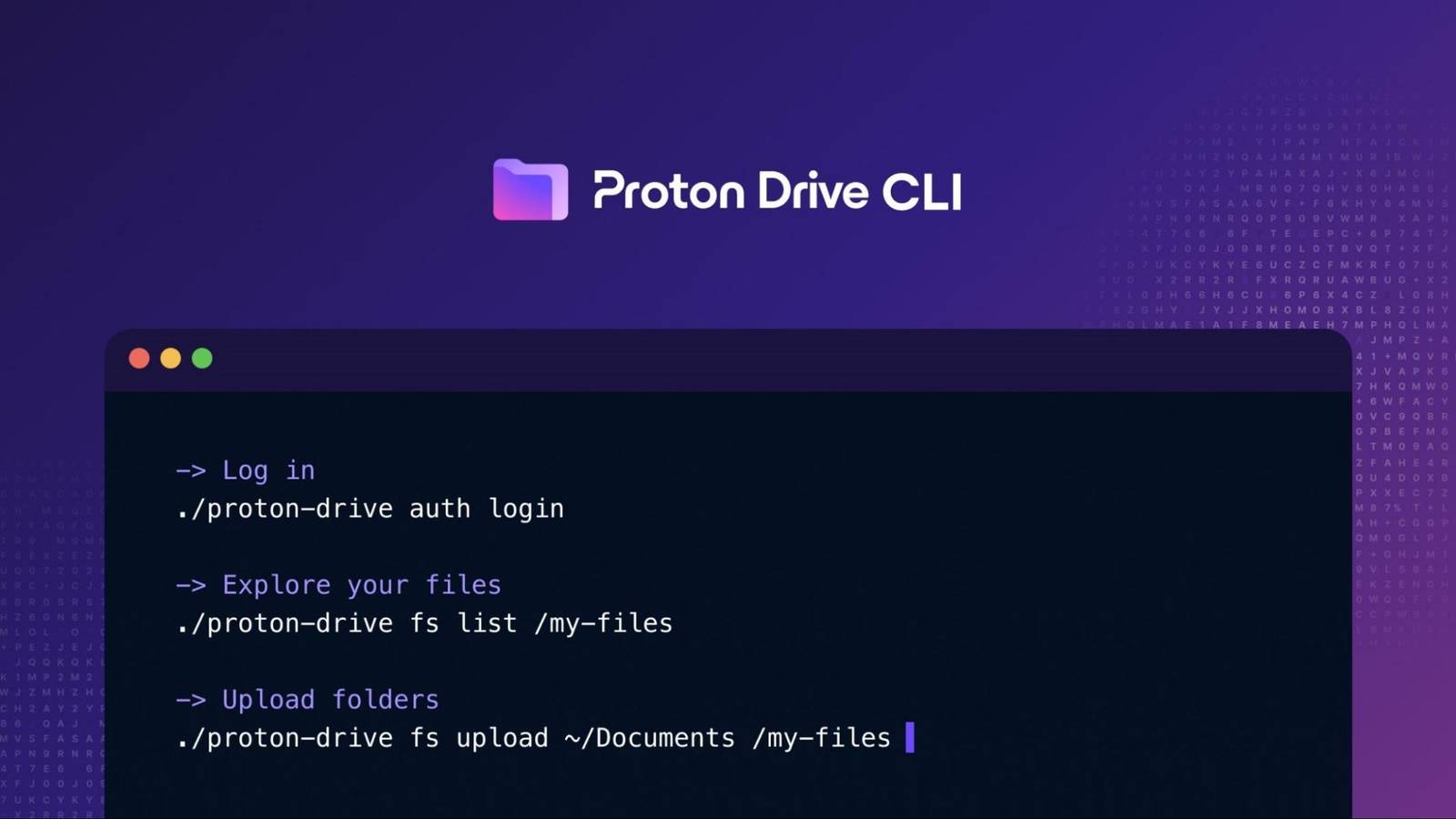 Terminal hiển thị lệnh sử dụng Proton Drive CLI.