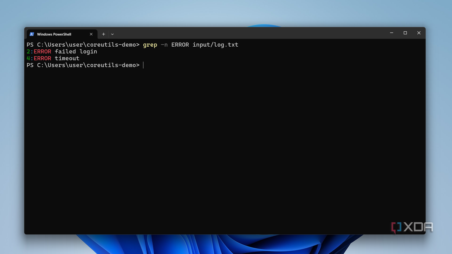 Terminal hiển thị ví dụ lệnh grep