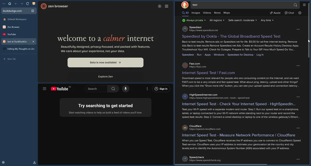 Thanh bên Zen Browser hiển thị các tab và lối tắt