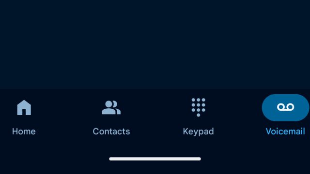 Thanh điều hướng Phone by Google có các tab Home, Contacts, Keypad và Voicemail
