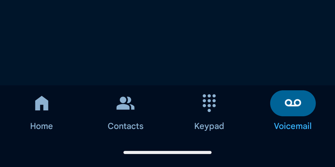 Thanh điều hướng Phone by Google có các tab Home, Contacts, Keypad và Voicemail