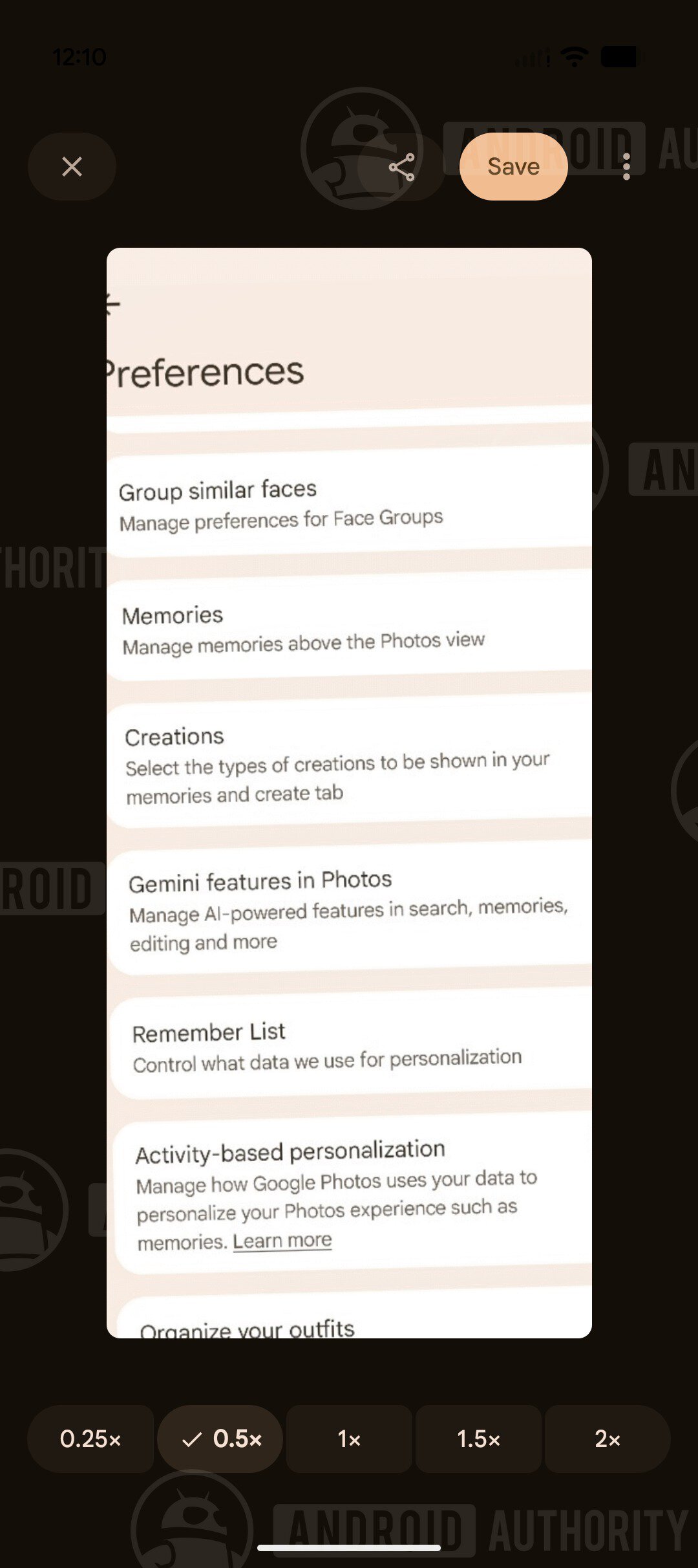 Thanh tùy chọn tốc độ từ 0.25x đến 2x và nút Save khi tạo ảnh động trên Google Photos