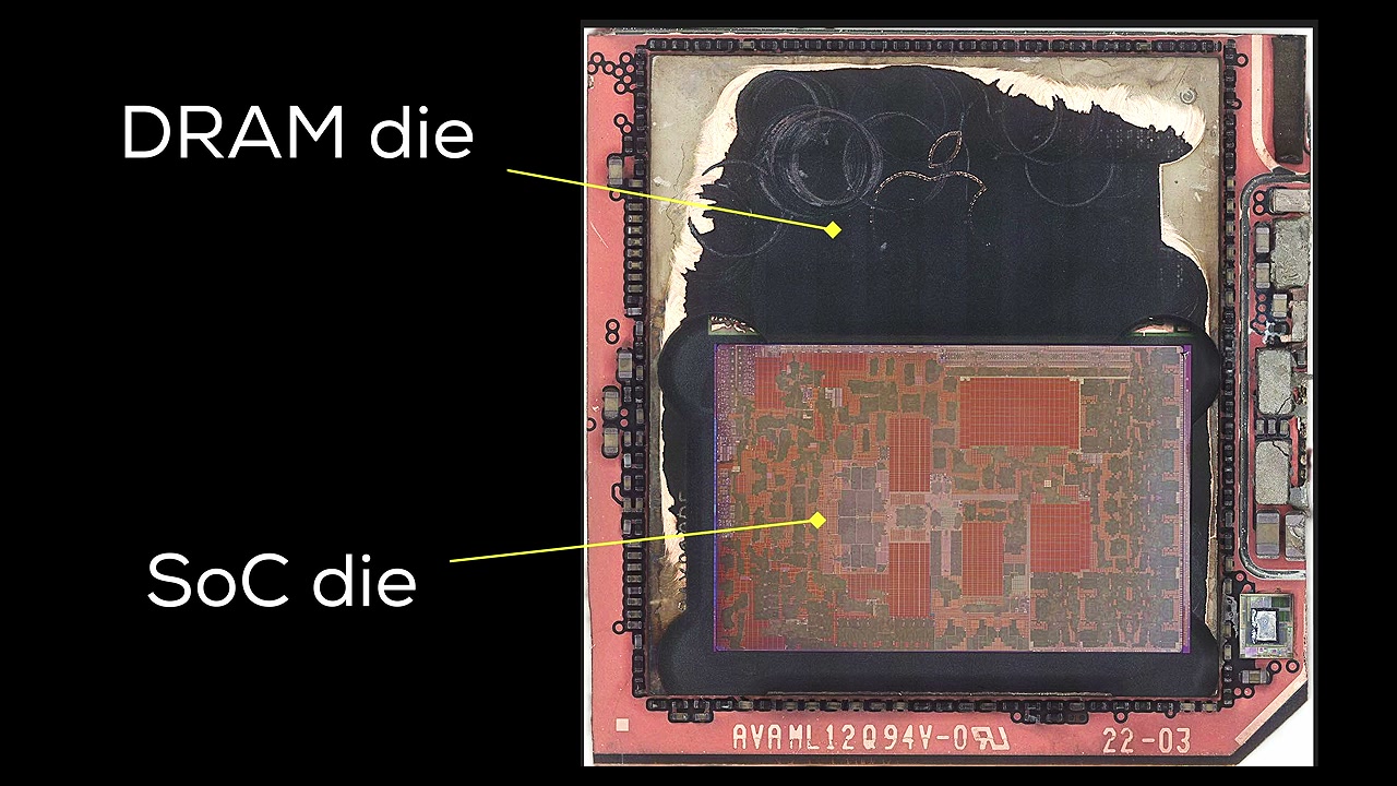 Ảnh tháo tách cho thấy die DRAM và die SoC nằm cạnh nhau trong cấu trúc đóng gói A20 Pro
