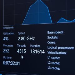 Thẻ Performance trong Task Manager hiển thị mức dùng CPU và số tiến trình.